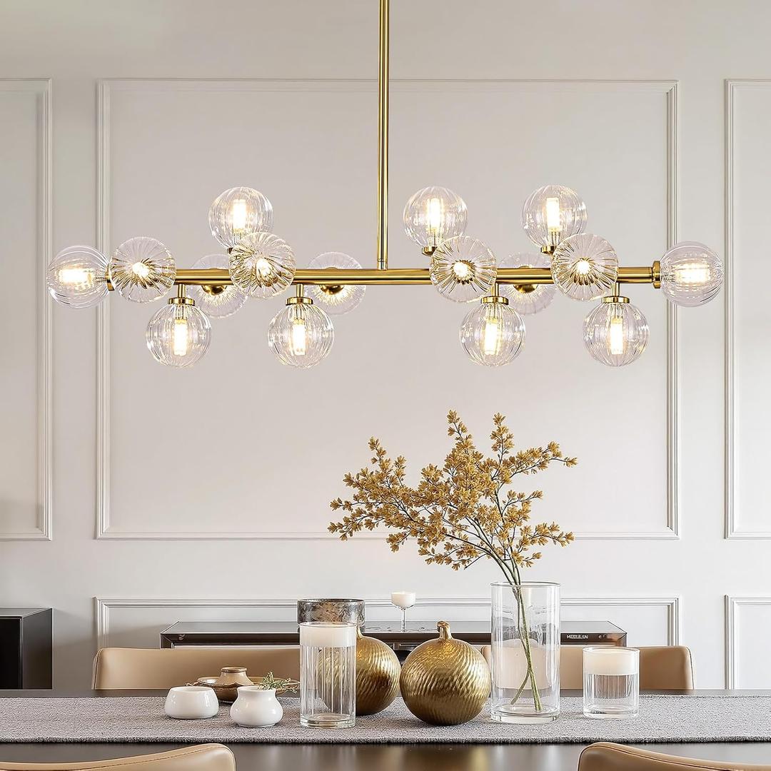 Mid Century Modern Glass Globe Sputnik Chandelier with Clear Bubble, 16-Light Large Linear Chandeliers for Dining Room Kitchen Island Living Room, Gold Dining Light Fixture Over Table, 40 Inch