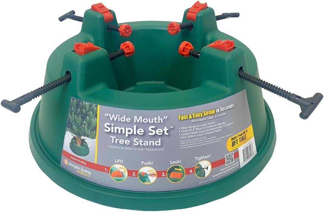 Simple Living Solutions Christmas Tree Stand for Real Trees up to 8 ft Heavy Duty Plastic Base with Wide Mouth Water Reservoir, Easy Screw Clamp System, Low Profile Stable Design