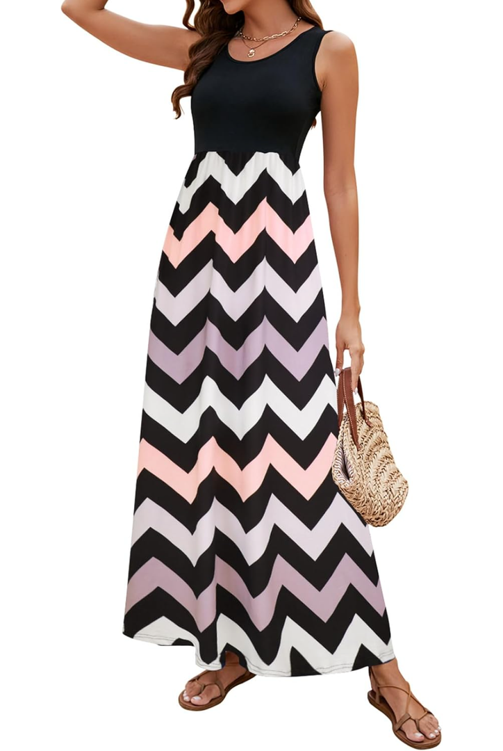 Sherosa Women Boho Chevron Striped Floral Printed Summer Sleeveless Tank Long Maxi Party Dress (M)