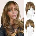 Clip in Bangs, 100% Human Hair French Fringe with Temples for Women Ash Beige Light Brown Clip on Fake Bangs Hairpiece Seamless Blend for Daily Wear