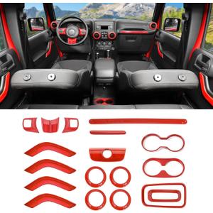 SQQP 18PCS Full Set Interior Trim Kit for Jeep Wrangler JK JKU 2011-2018 4 Door, Center Console Door Handle Side Outlet Cup Holder Gear Cover Trim (Red)