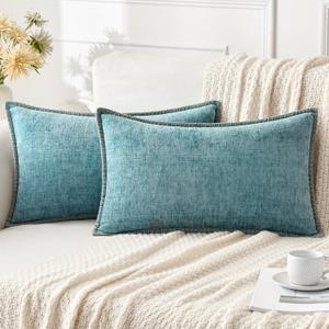 ANRODUO Pack of 2 Smoke Blue Chenille Throw Pillow Covers 12x20 Inch Farmhouse Decorative Pillow Covers with Stitched Edge Soft Throw Pillows for Couch Sofa Bed and Living Room Boho Home Decor