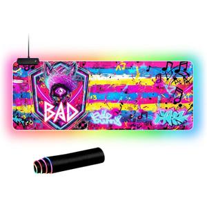 Cyberpunk Neon Rabbit RGB Gaming Mouse Pad 31.5"x11.8" Large LED Desk Mat with Urban Street Art Design Third Eye, Shield & Straw Hat Motif for PC & Laptop Setup