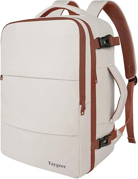 Taygeer Backpack for Women, College Backpack with Laptop Compartment & Shoe Pouch, 40l Travel Laptop Mochila Carry On Luggage, Airline Approved Personal Item Bag for Weekender Gym Hiking, Khaki White