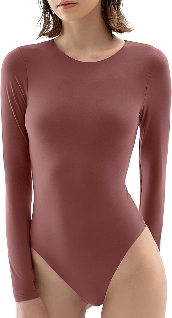 PUMIEY Women's Crew Neck Long Sleeve Bodysuit Second-skin Feel Tops Smoke Cloud Collection, S