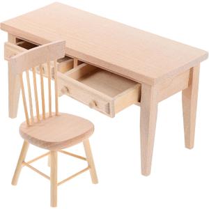 Wooden Dollhouse Furniture: Dolls Table & Chair Furniture Set Living Room Miniature Desk Chair for Mini House Accessories