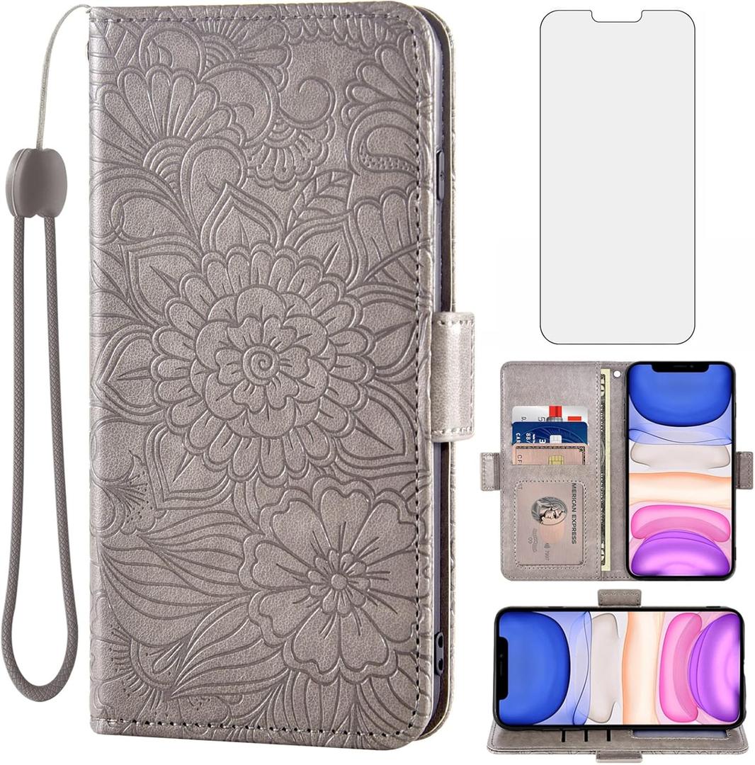 Compatible with iPhone 13 Pro 6.1 inch Wallet Case and Tempered Glass Screen Protector Card Holder Stand Magnetic Leather Phone Cover for iPhone13Pro 5G i i-Phone i13 iPhone13 13Pro Women Men Grey