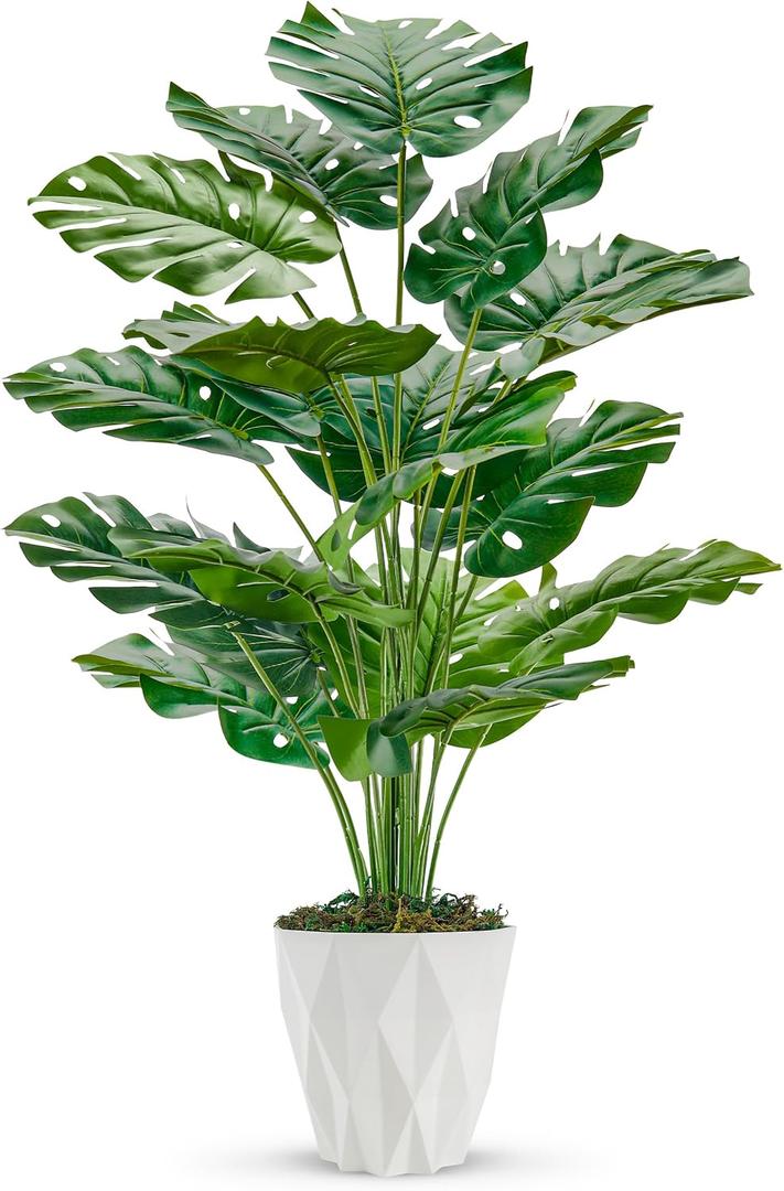 Toopify 28"" Fake Plants Large Artificial Monstera Faux Plants Indoor with White Pot for Home Office Living Room Decor, Green