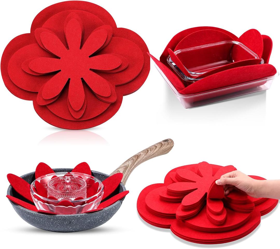 Queekay 36 Pcs Felt Pot Pan Protectors Dish Dividers Separators Bakeware Cookware Scratch Protectors Different Sizes, Thicker Pan Pads for Stacking Cookware Organizing Protecting(Red)
