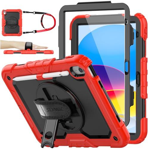 SEYMAC stock Case for iPad (A16) 11th/10th Generation 11''/10.9'' 2025/2022, Full-Body Drop Protection Case with Screen Protector &360° Rotate Hand Strap/Stand, Black+Red