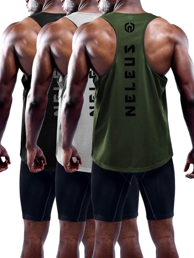 NELEUS Men's 3 Pack Dry Fit Y-Back Muscle Tank Top (Large, Black/Grey/Olive-green)