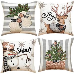 Christmas Cushion Covers - Xmax Decorative Pillow Case 18 x 18 Set of 2 Retro Vintage Decor Throw Pillow Covers for Home Indoor Sofa Christmas Decor (Snow and Joy)