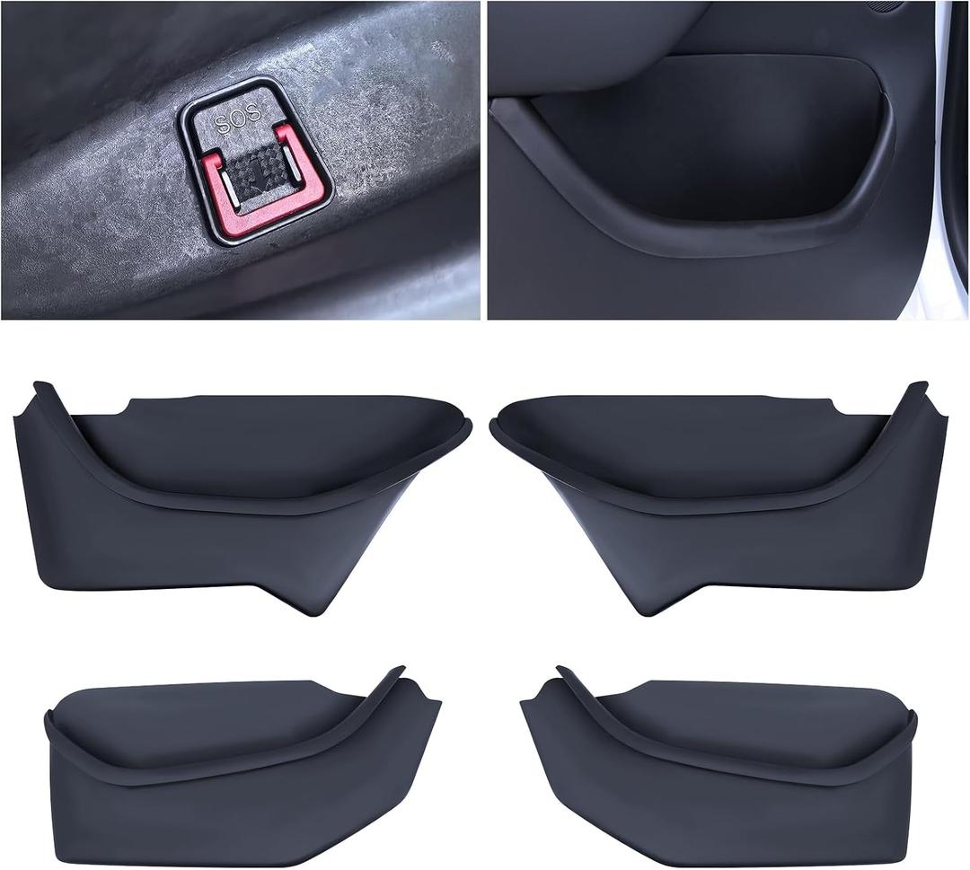Door Side Pocket Storage Box Insert Tray for Tesla Model Y Juniper 4PCS 2026 2025 Door Pocket Liner with Emergency Release Access for Model Y Juniper Accessories Full-Cover TPE (Juniper-upgrade)