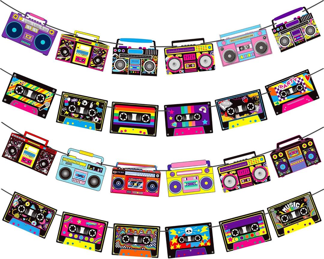 Cassette Tape Party Banners Boom Box Party Decorations 4PCS Radio Boombox Cutout Banners 1980s Cassette Tape Party Decorations for 80's 90's Hip Hop Music Birthday Party Supplies