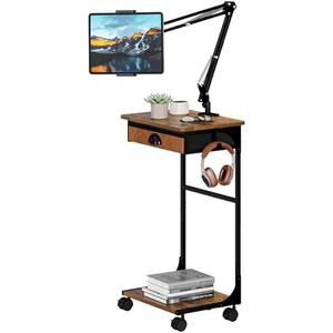 Floor Kindle Phone Tablet Stand with Drawer & Storage Shelves, Angle Height Adjustable Tablet Kindle Cell Phone Holder For Bed with Rotating Wheels, Compatible With 4.7"-13" Tablet iPone iPad Air Pro