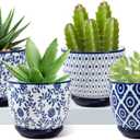 Ceramic Succulent Planter Pots - 3.5 Inch Small Flower Pot with Drainage Holes and Saucers for Indoor Plant, Cactus, Herbs, Outdoor Plants, Home Decor, Set of 4, Vintage Blue
