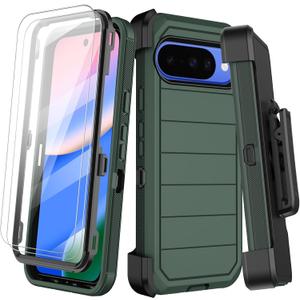 for Google Pixel 10 Case,Pixel 10 Pro Cases with Belt Clip Holster,2x Screen Protectors,Heavy Duty Shockproof Drop Protection Bumper Military Grade Rugged Full Body Non Slip Phone Cover with Kickstand (Green)
