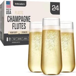DECADORN Clear Stemless Champagne Flutes Plastic 24 Pack - 9oz Plastic Champagne Glasses - Durable and Sturdy Mimosa Glasses For Parties - Shatterproof, Recyclable, BPA-Free, Smooth Rims.