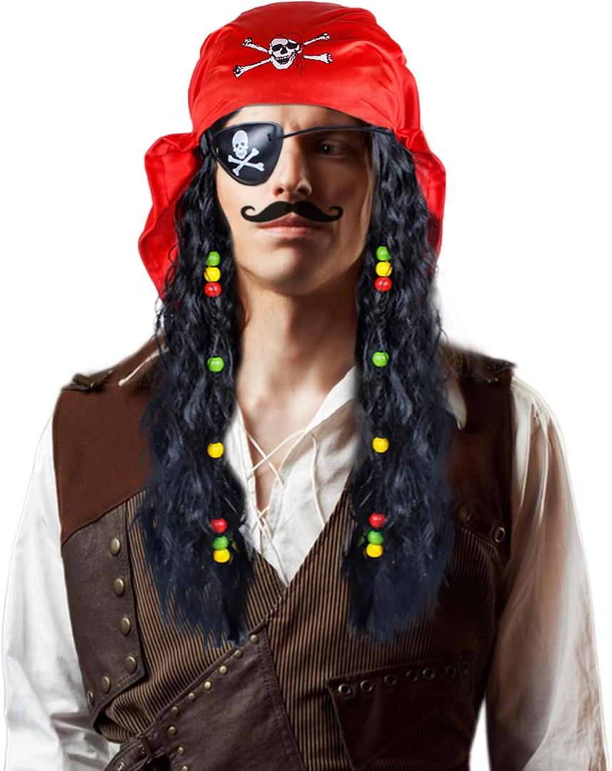Pirate Costume Wig Set Halloween Dress Up Pirate Wig Bandana Eye Patch Theme Party Pirate Cosplay Accessories