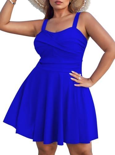 Sovoyontee Women Plus Size Tankini Swimsuit Two Piece Flowy Swimdress Bathing Suits with Shorts (Color: Blue) (Size: 3XL)