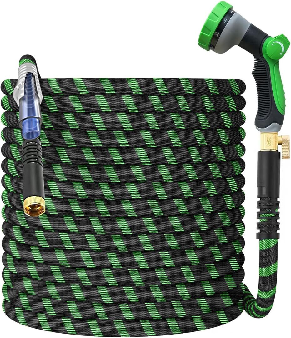 100ft Non-Expanding Garden Hose With 10-way nozzle, strong 3/4 metal fittings, and a shut-off valve. Ultra Lightweight, Kink-Free & Durable,Ideal for Yard, Lawn, Outdoor & Camper Use (Green)