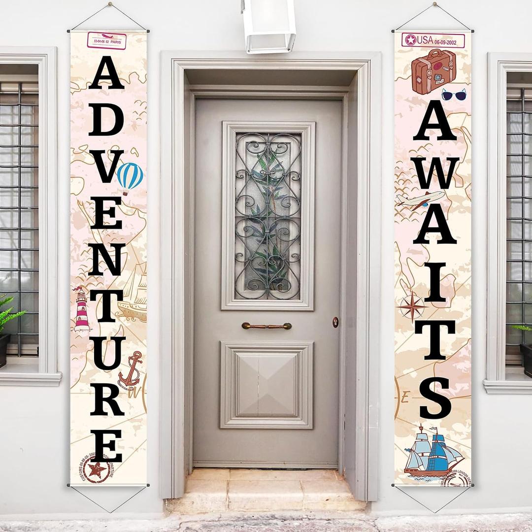 Adventure Awaits Bon Voyage Banner Garland Party Decoration Set Travel Themed Porch Sign Adventure for Indoor/Outdoor Retirement Moving Relocation Travel Wedding Bachelorette Party Decorations (Khaki