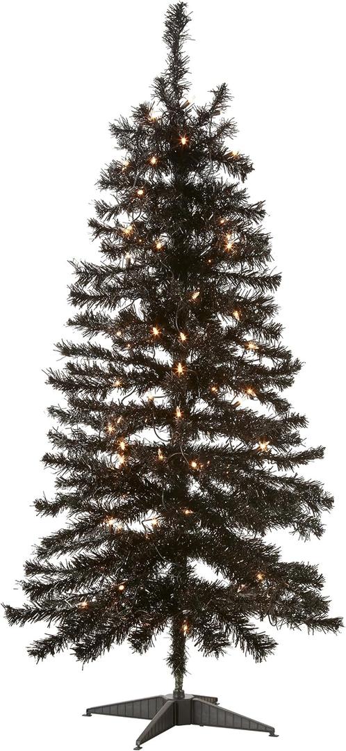 National Tree Company 4 ft Pre-Lit Black Tinsel Mini Artificial Christmas Tree, 70 Clear Lights, 110 Tips, Includes Stand