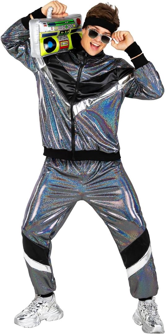 Morph Silver 80s Track Suit Mens 80s Costumes For Men, 1980s Costume For Women, Halloween Costumes For Adults Tracksuits 90s (Large)