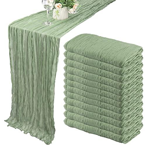 12 Pack 10Ft Cheesecloth Table Runner 35x120 Inch Boho Gauze Table Runner Cheese Cloth Long Romantic Table Runners for Wedding Bridal Shower Birthday Party Table Decor (Dusty Sage Green)