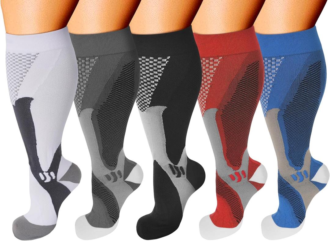 Double Couple 5 Pairs Wide Calf Compression Socks for Men Women Extra Plus Size Knee High Support (3X-Large, Multicolor)