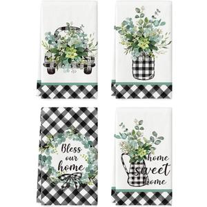 Artoid Mode Buffalo Plaid Eucalyptus Home Sweet Home Kitchen Towels Dish Towels, 18x26 Inch Seasonal Decoration Hand Towels Set of 4