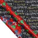 AUCLAY Reversible Christmas Wrapping Paper Roll for Kids Men Women Baby - Red Monster Truck & Santa, Merry Christmas Lettering with Stars in Black - Holiday Gift Wrap Paper, 17.7 Inch X 33 Feet
