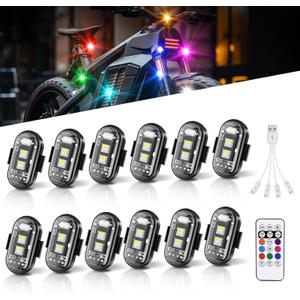 12Pcs Wireless LED Strobe Lights, 8 Colors 10 Flash Modes USB Charging, High Brightness Waterproof Anti-Collision Led Flashing Emergency Warning Light for Car Drone