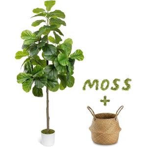 6FT Artificial Fiddle Leaf Fig Tree - Tall Fake Tree with White Planter&Seagrass Basket, Large Faux Ficus Lyrata Tree Floor Plants for Indoor Home Decor Office Living Room Housewarming Gift