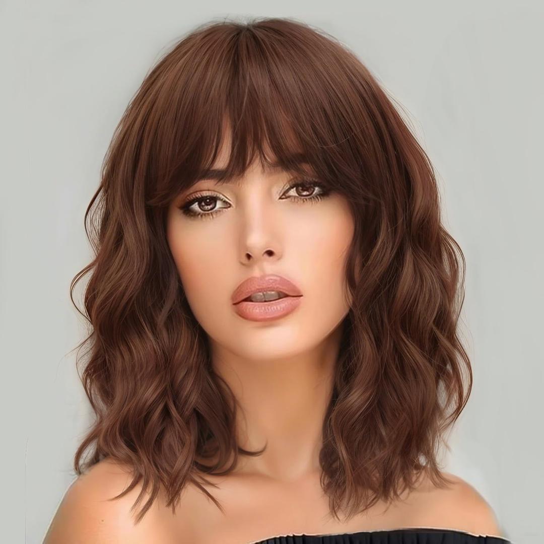 AISI HAIR Synthetic Wavy Curly Bob Wig with Bangs Ash Auburn Short Wavy Hair for Women Synthetic Heat Resistant Bob Wigs