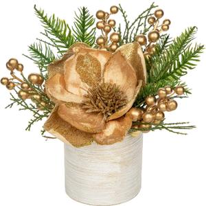 DILATATA 10 inch Gold Christmas Table Centerpiece 5" Glitter Magnolia Flower Berries Fir Greenery Artificial Christmas Floral Centerpiece in Silver Ceramic Pot Christmas Tabletop Arrangement Decor