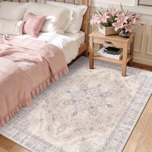 4x6 Bedroom Rug, Soft Non-Slip Vintage Medallion Rug, Low-Pile Printed Indoor 4x6 Washable Area Rugs for Living Room, Bedroom Bedside -Light Blush/Cream
