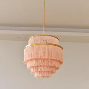 5-Tiered Boho Chandelier Gold,3 Lights Pink Fringe Pendant Light Fixture,Tassel Chandelier for entryway,Dining Room,Baby Nursery,Bedroom