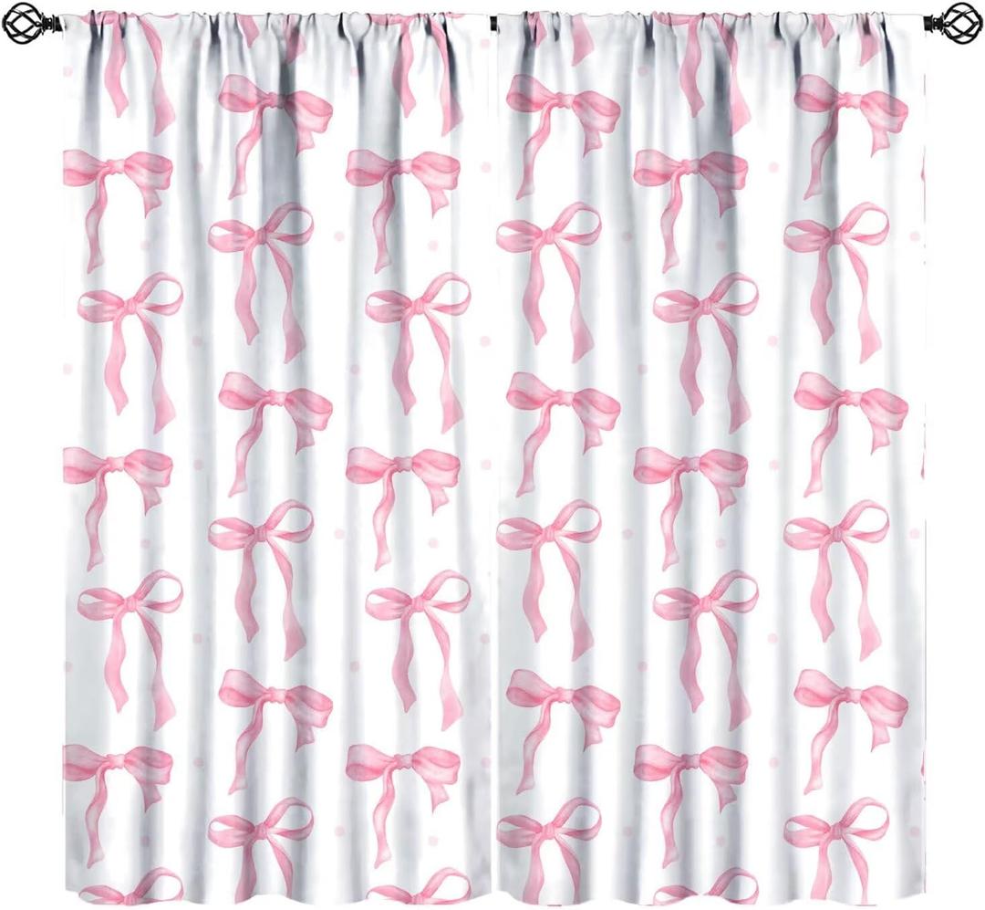 Pink Bow Curtains, Watercolor Cute Girls Pink Bow Modern Aesthetic Print Window Treatments for Kids Girl Bedroom Bathroom, 42x45in (No Blackout)