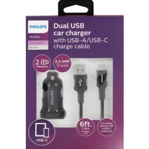 Phillips Dual USB Car Charger With USB A/USB C Charge Cable