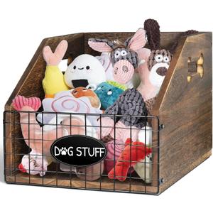 Dog Toy Bin - Large Wooden Toy Chest with Handle - Organizer for Puppy Leash, Blanket, Food, Accessories, Gift (Brown)
