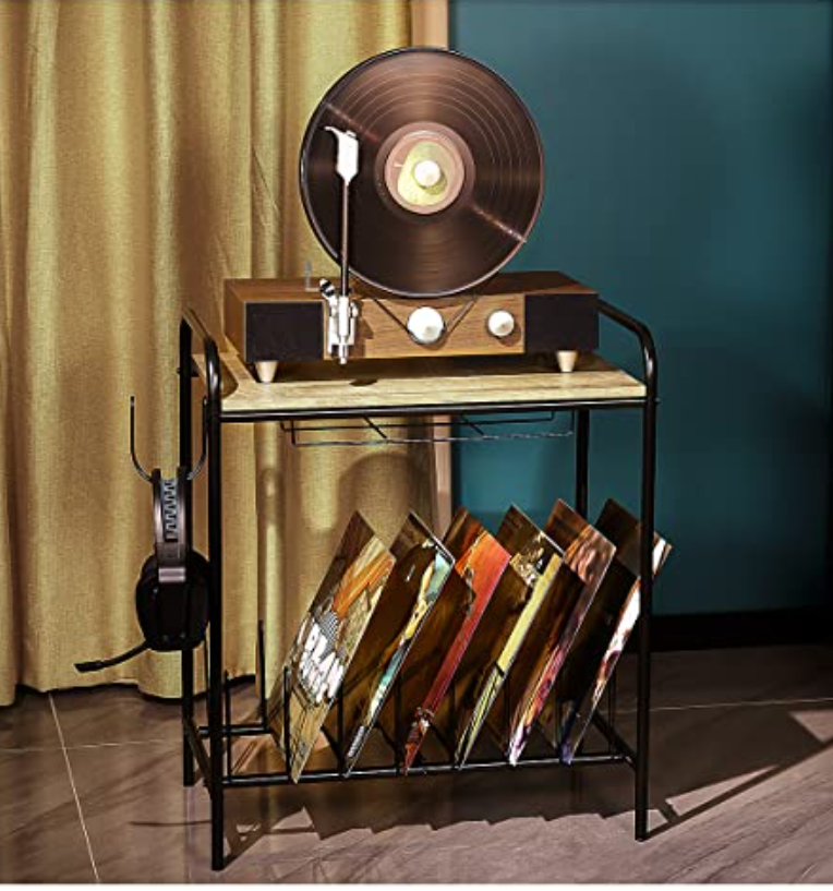 MAWEW Vintage Record Player Stand, Wooden Turntable Stand with Record Storage (Grey)