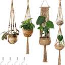 Mkono Macrame Plant Hangers Set of 4 Indoor Hanging Planter Basket Wall Decorative Flower Pot Holder with 4 Hooks for Indoor Outdoor Home Decor Gift Box, Brown
