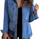 Tankaneo Denim Jacket for Women Distressed Jean Jacket Button Down Oversized Shacket with Pockets 2025 (Large, Blue)