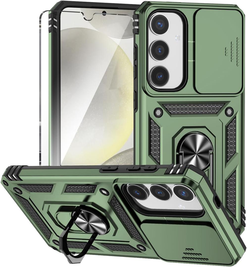 for Galaxy S25 Plus Case with Slide Camera Cover HD Screen Protector [Military Grade 16ft. Drop Tested] Magnetic Ring Kickstand Protective Phone Case for Samsung Galaxy S25 Plus (Olive Green)