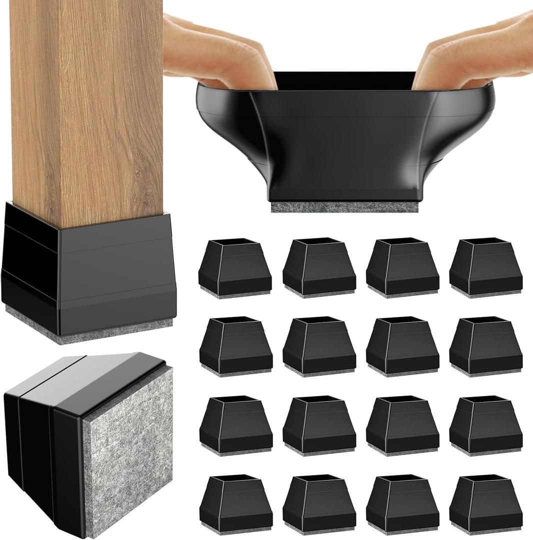 Square Chair Leg Protectors for Hardwood Floors,16 Pcs Silicone Felt Furniture Legs Caps to Prevent Floor from Scratches and Reduce Noise, Easy to Move, Fit: 2.25" -2.75" Black.