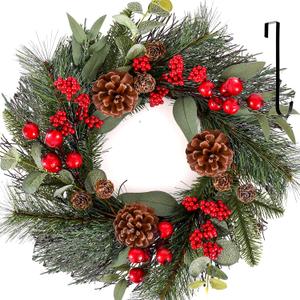 Artificial Christmas Wreath 22 Inch large Christmas Door Wreath Outdoor with Hangers, Green Pine Touch Door Wreath with Red Berries, Pine Cones for Wall Window Porch Home Indoor Outdoor Decor