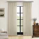 108 Inch Linen Curtains 2 Panels Set Pinch Pleated Living Room Bedroom Memory Training Shaped Semi Sheer Neutral Beige Tan Flax Burlap Pleat Drapes Hooks Rings Light Filtering Window Curtain