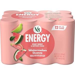 V8 Energy Watermelon Guava Energy Drink, 8 fl oz Can (12 Pack), BBD 10/16/2025