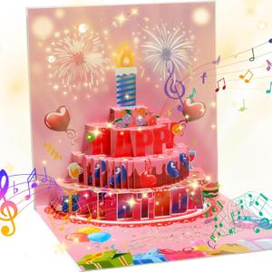 CANREVEL Birthday Cards 3D Pop Up Fireworks Greeting Cards, Musical & LED Lights Birthday Gifts Card with Blowable Candle Pink Heart Cake Happy Birthday Gift for Women, Men